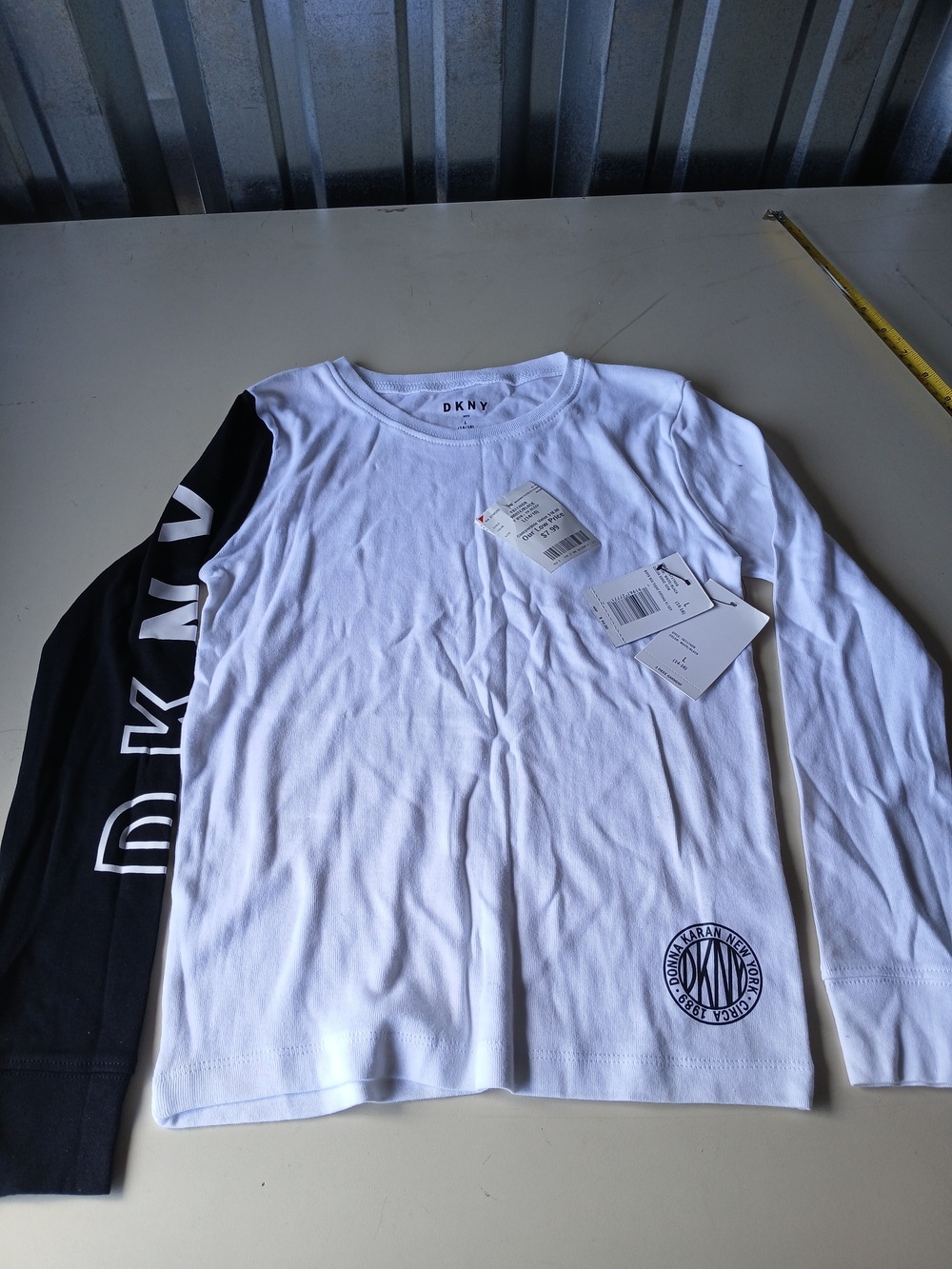 DKNY White Long-Sleeve Tee with Black Logo Sleeve